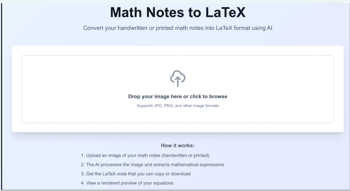 Math Notes to LaTeX upload interface