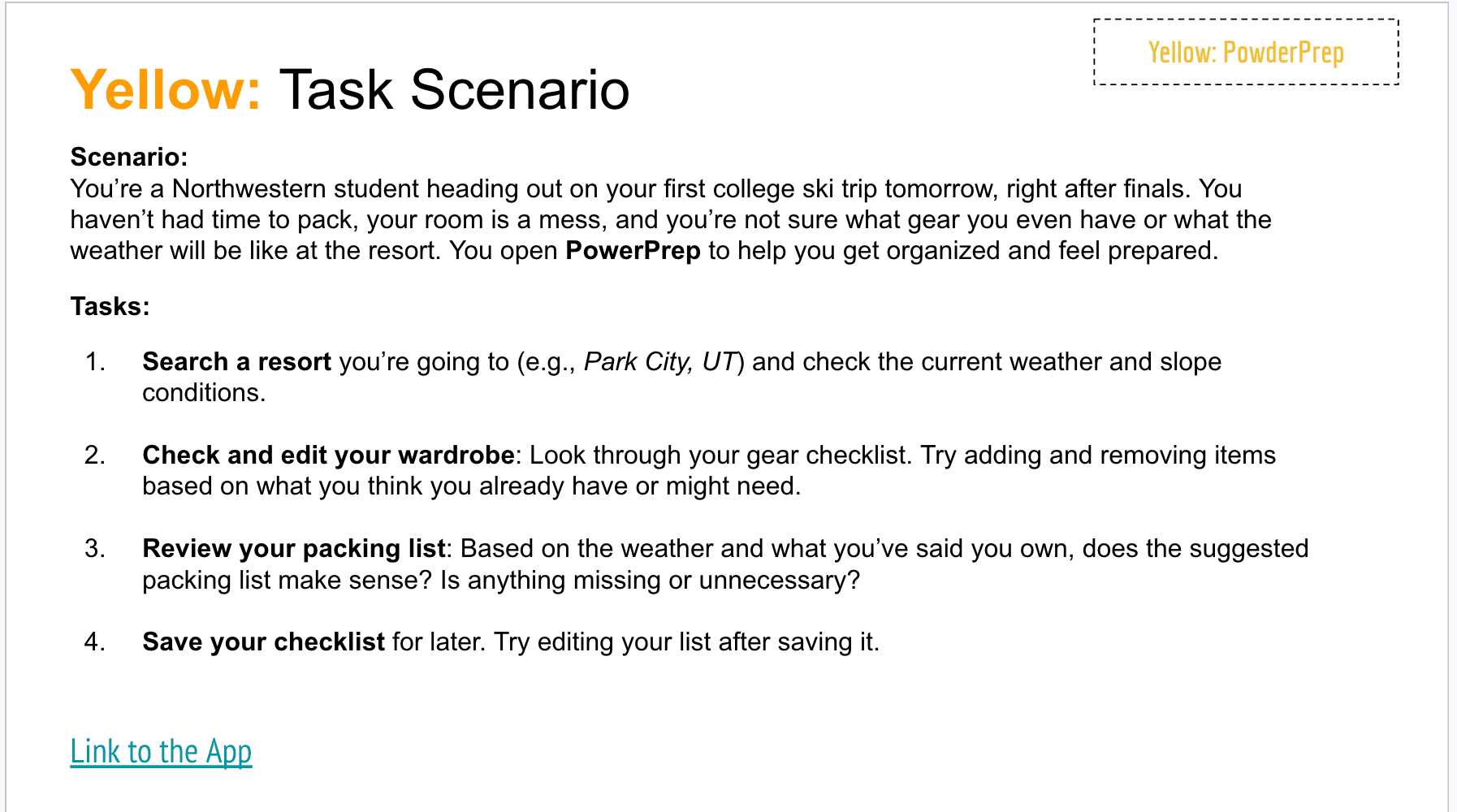 User testing task scenario